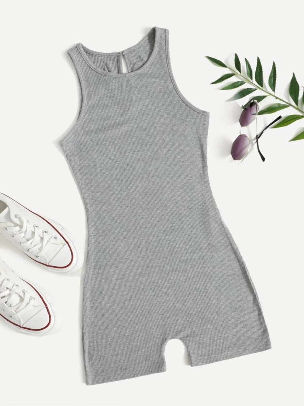 SHEIN Light Gray Ribbed Sleeveless Romper/Solid Unitard Jumpsuit